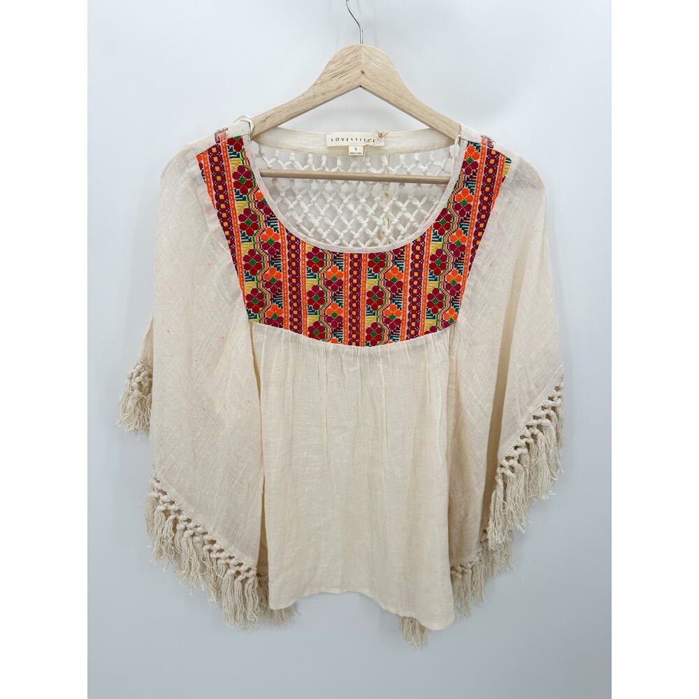Lovestitch Cream Tulum Fringe Top Boho Embroidery Oversized Fit Women Small NWT